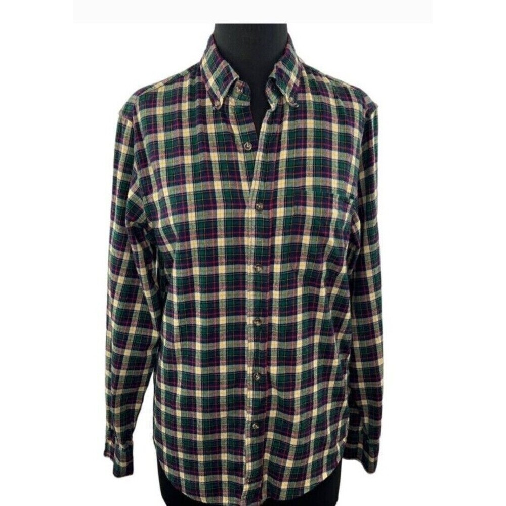 J. Crew AT948 Green Yellow Red Plaid Brushed Twill Slim Fit Cotton Shirt Size M